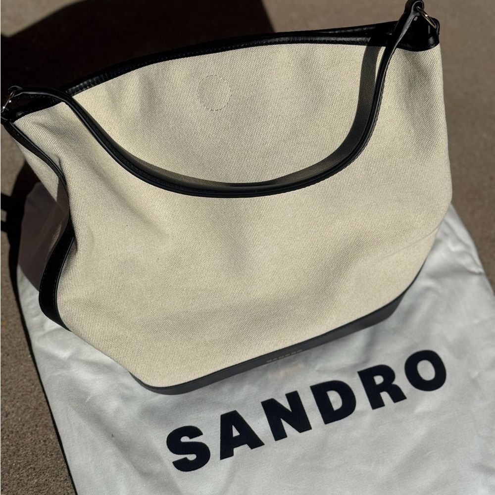 Sandro Cream Canvas Tote with Black Leather Trim